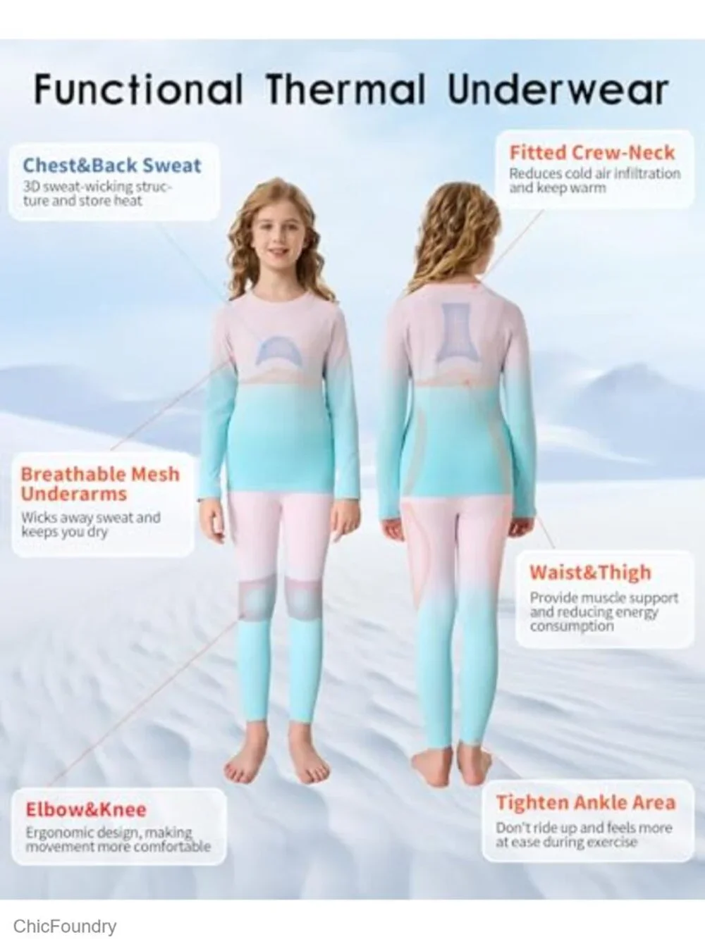 Kids Thermal Underwear Set Long Johns Base Layer 4-Way Stretch